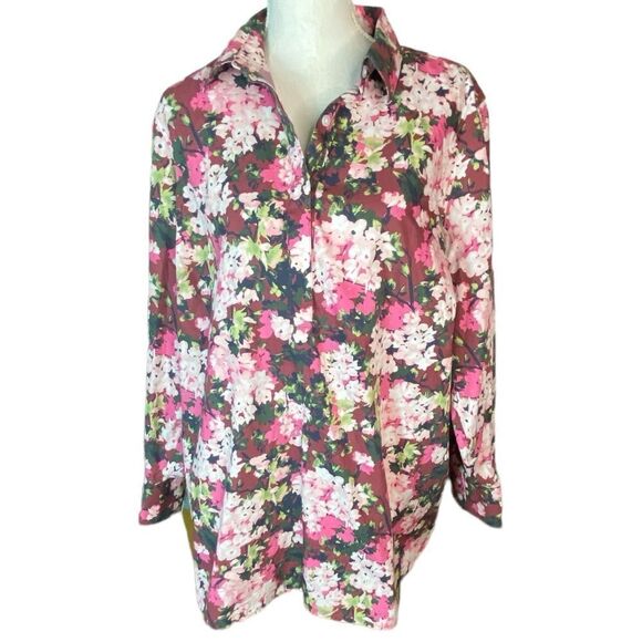 Lands’ End Wm’s Sz 20W Pink Floral Hydrangea Half Button Collared Tunic Blouse - Picture 1 of 6
